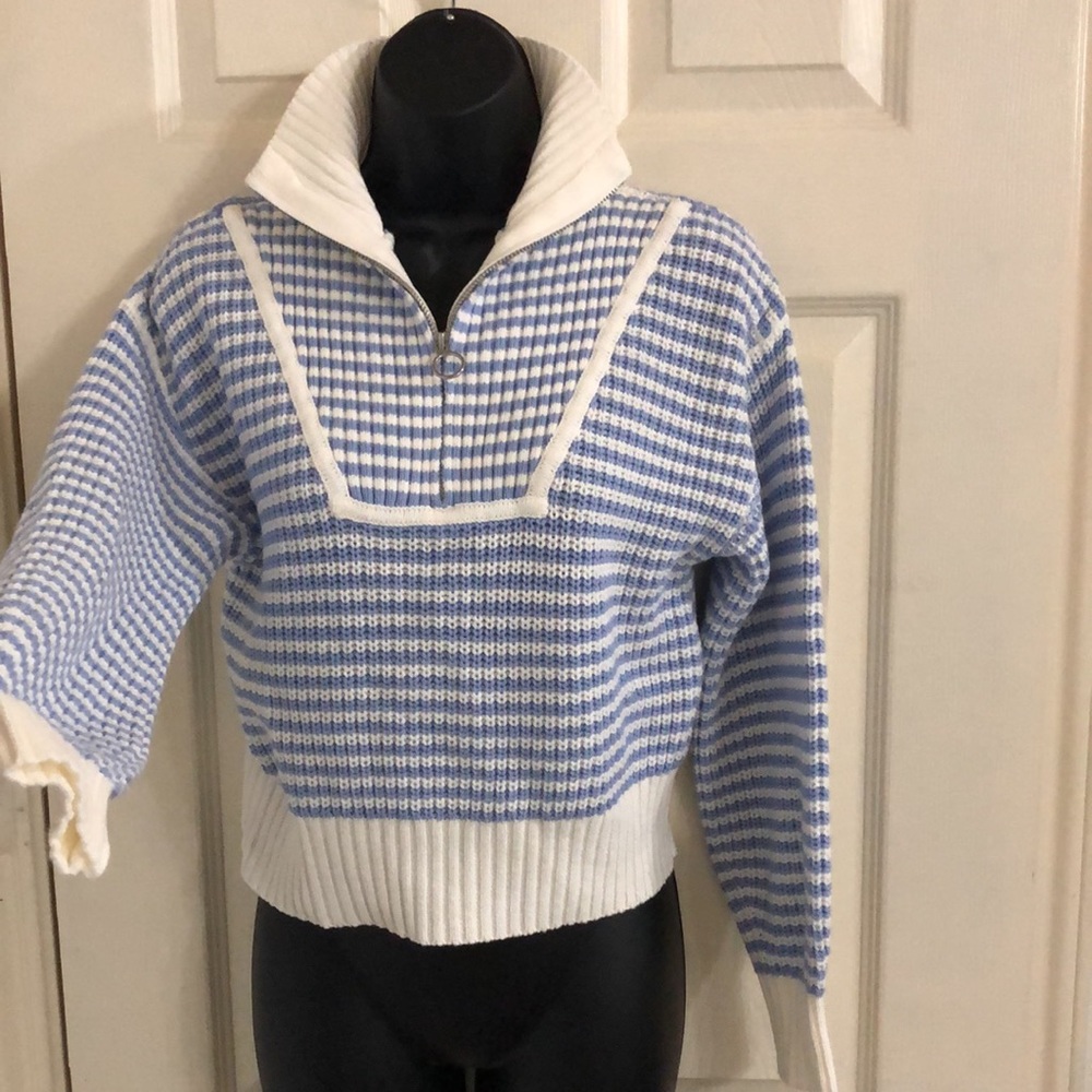 Jessica Simpson blue ecru stripe henley style quarter zipup sweater size medium - Picture 5 of 15